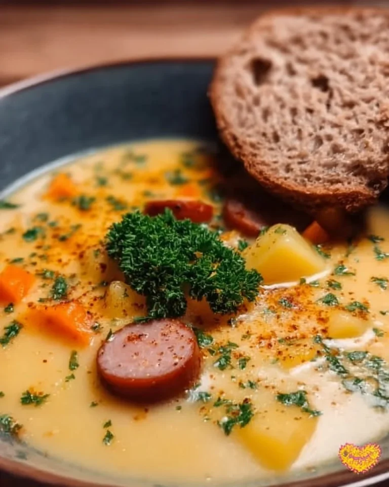 Berliner Kartoffelsuppe in einer Schüssel serviert mit frischen Kräutern.