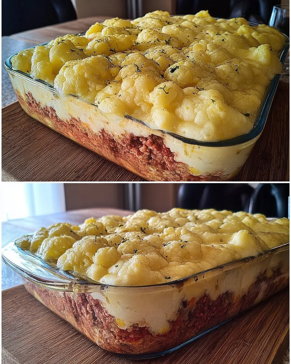 Blumenkohl Hack Auflauf mit Käse überbacken in einer Auflaufform