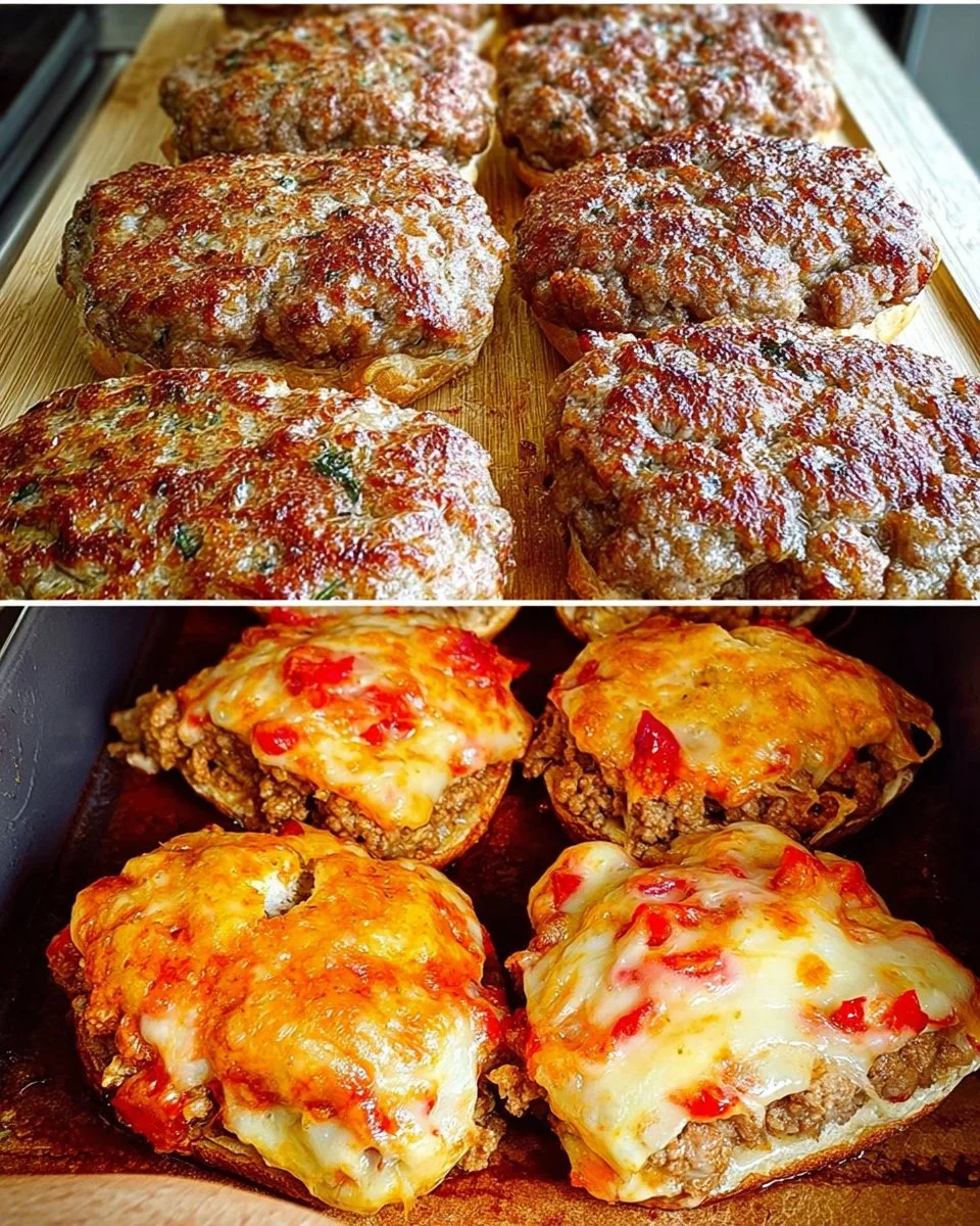 Leckere Brötchen mit Hackfleisch und geschmolzenem Käse auf einem Teller