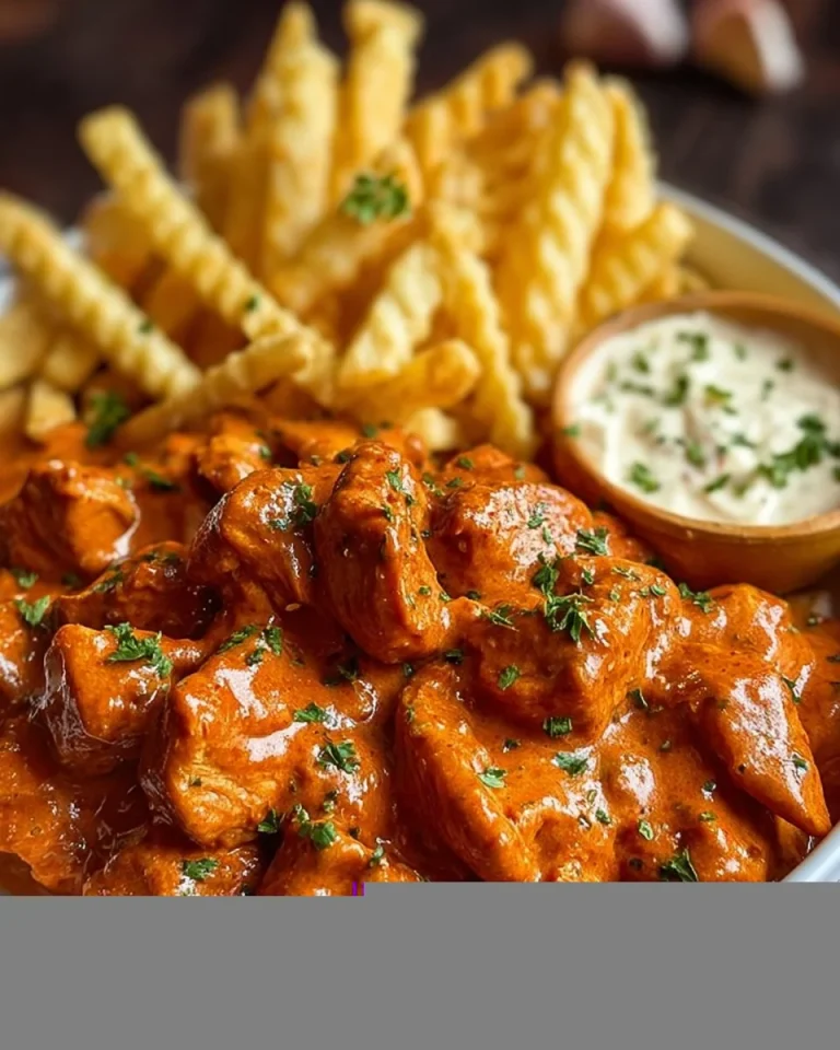 Butter Chicken mit Knoblauchsauce und knusprigen Pommes frites auf einem Teller