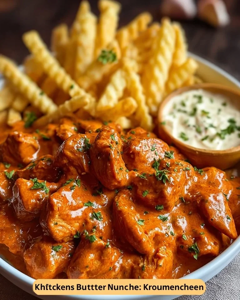 Butter Chicken mit Knoblauchsoße und knusprigen Pommes serviert