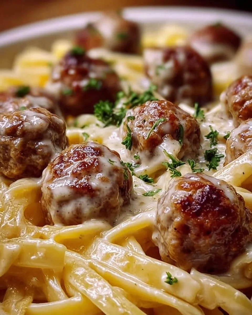 Cremige Fleischbällchen mit Nudeln auf einem Teller serviert