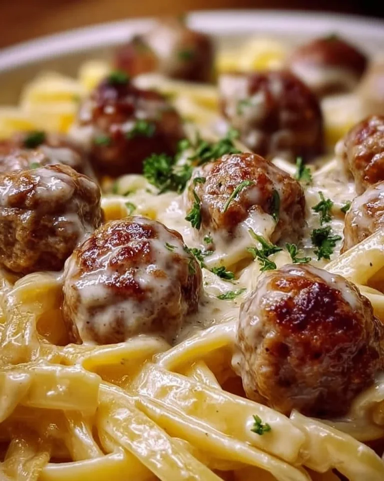 Cremige Fleischbällchen mit Nudeln auf einem Teller angerichtet