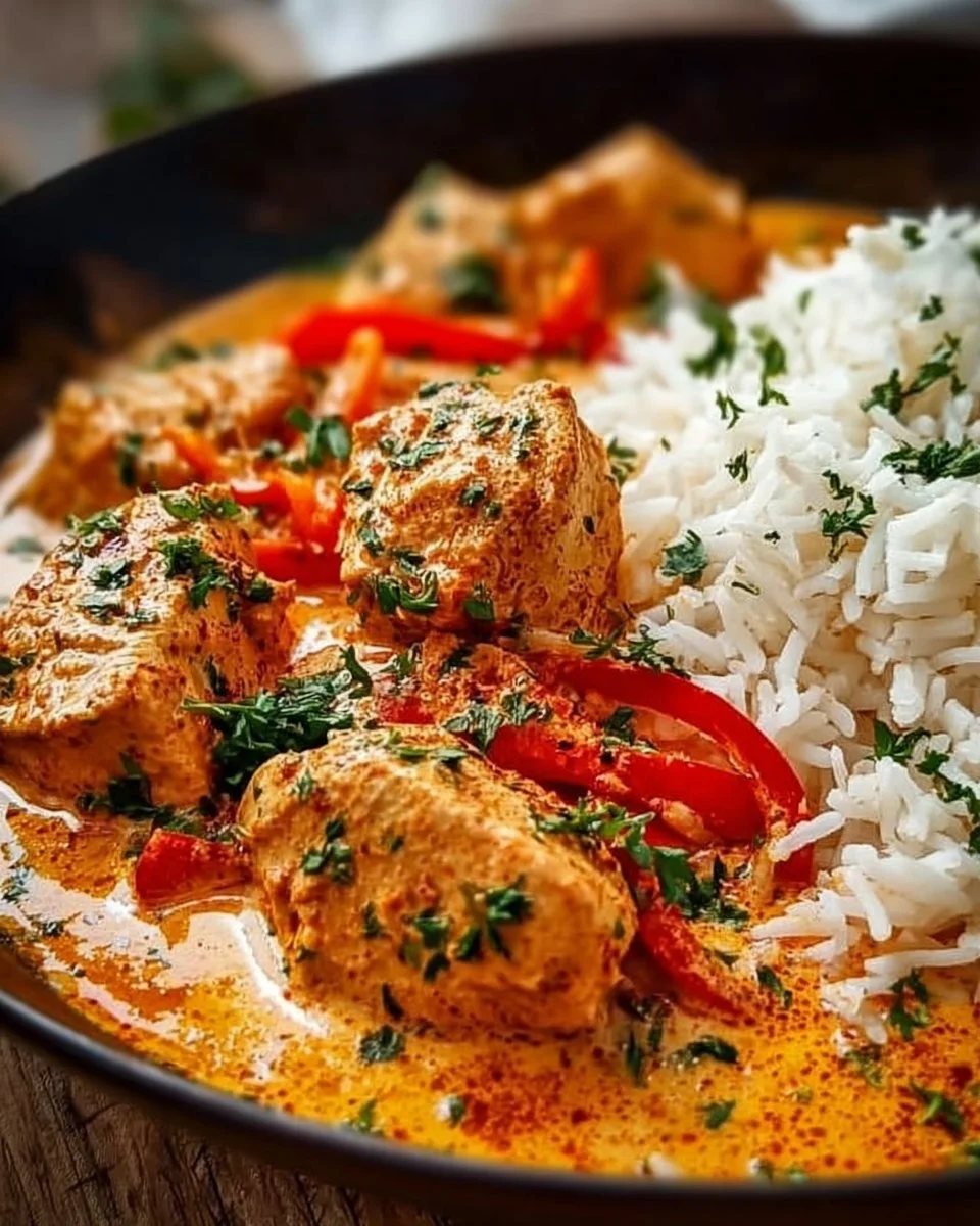 Cremiges Paprika-Hühnchen mit zartem Reis auf einem Teller serviert