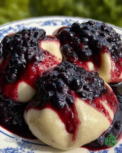 Dampfnudeln mit Heidelbeer-Soße auf einem Teller serviert