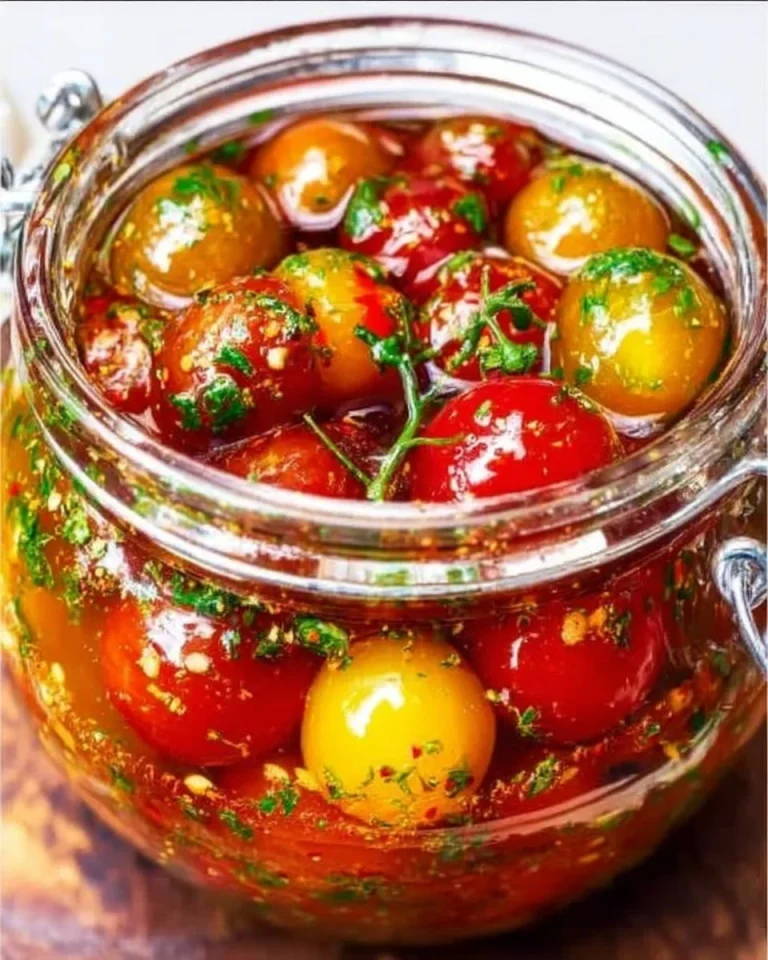 Eingelegte Kirschtomaten in einem Glas auf einem Holzuntergrund