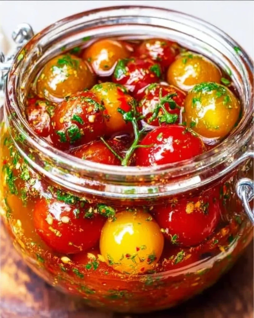 Eingelegte Kirschtomaten im Glas mit Gewürzen und Kräutern