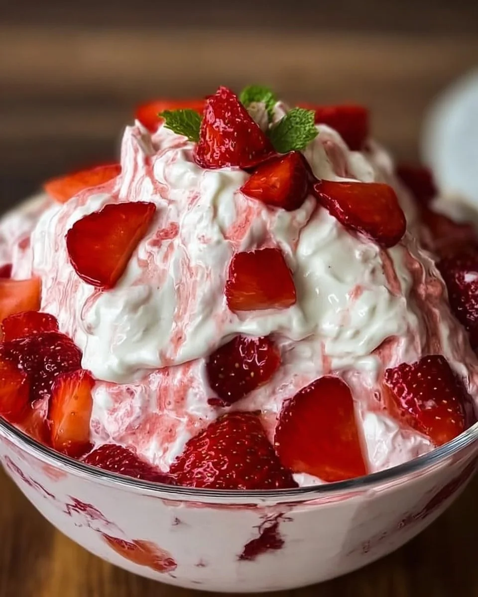 Erdbeer Dessert mit Joghurt in einem eleganten Glas serviert.