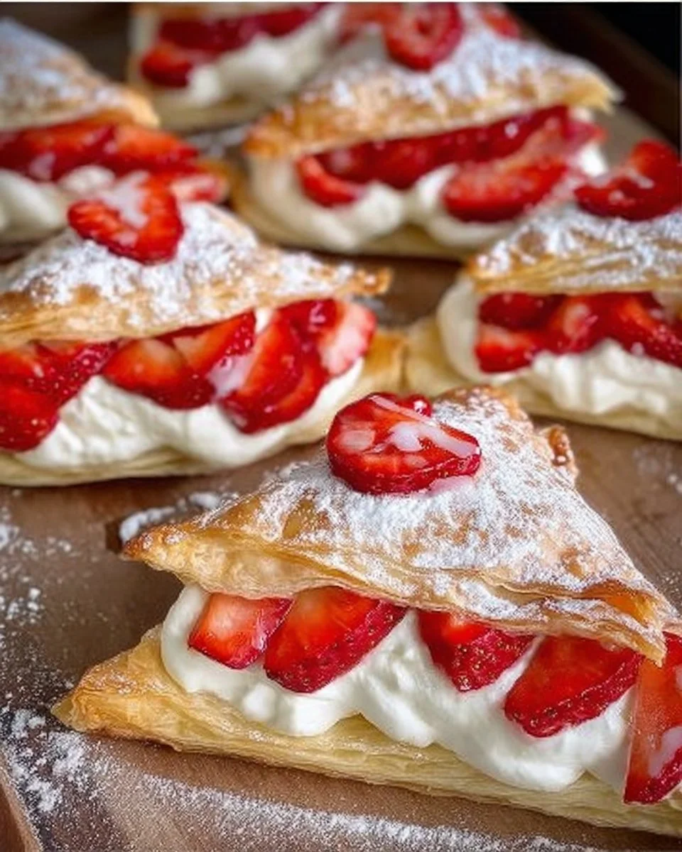 Erdbeerkissen aus Blätterteig mit frischen Erdbeeren und Puderzucker.
