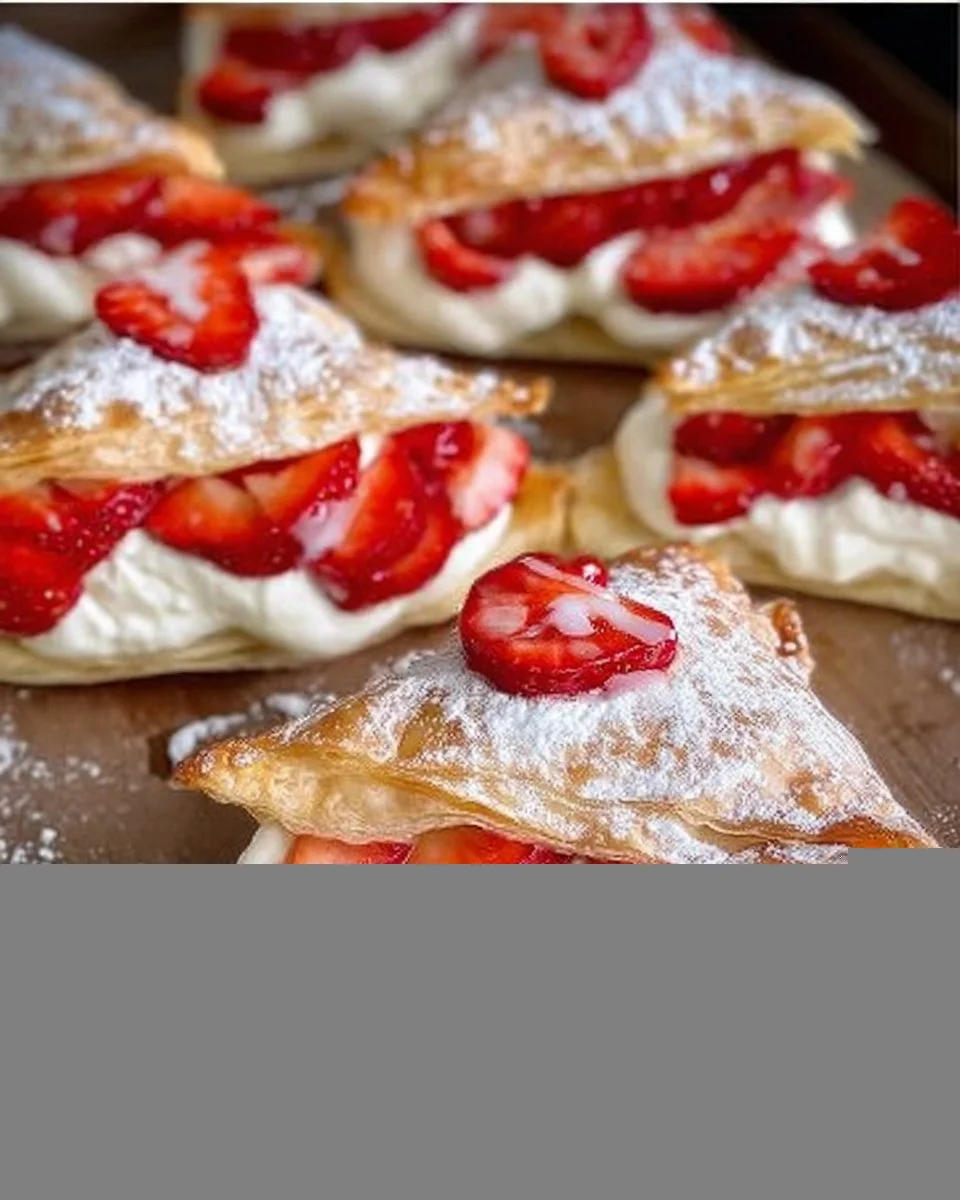 Erdbeerkissen aus Blätterteig mit frischen Erdbeeren und Puderzucker