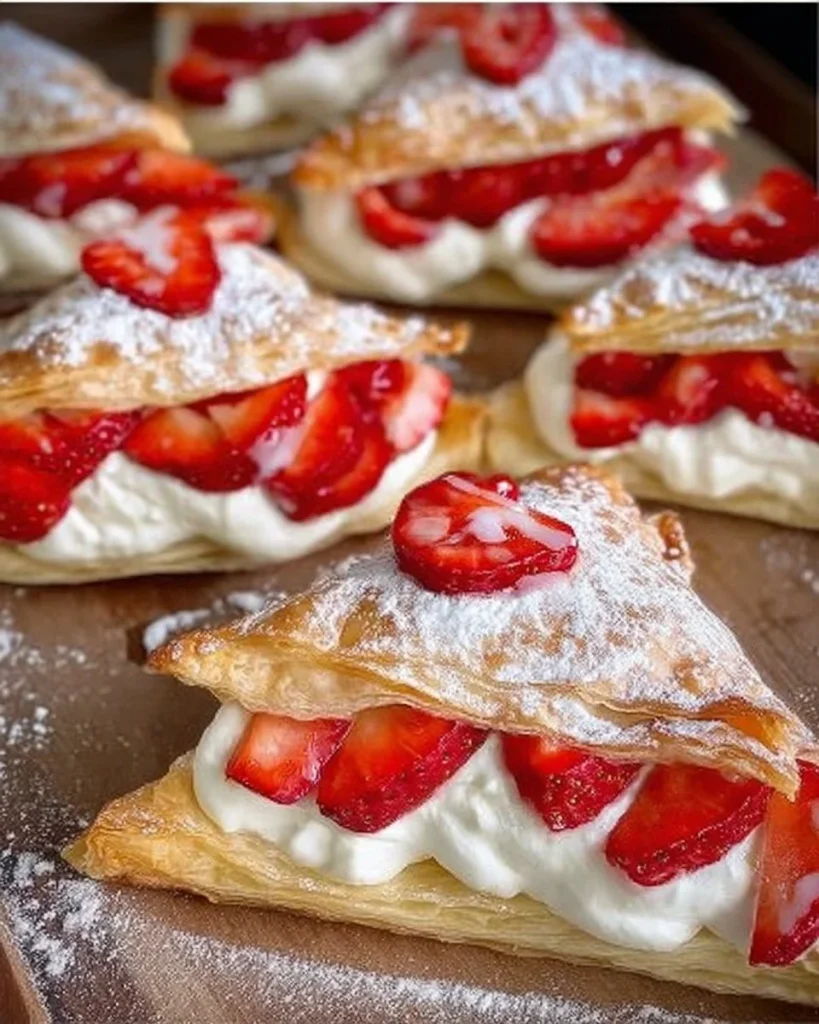 Erdbeerkissen aus Blätterteig, frisch gebacken mit saftigen Erdbeeren.