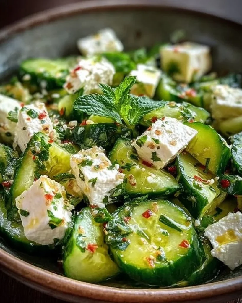 Leckere Gurken Feta-Salat mit frischen Zutaten in einer Schüssel