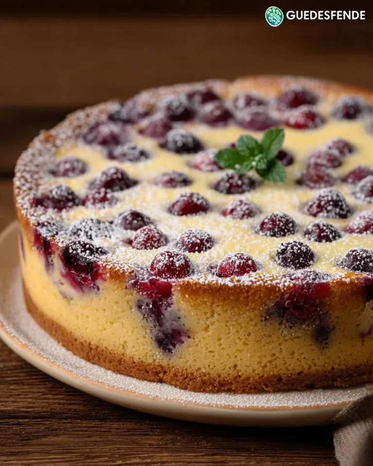 Finnischer Blaubeerkuchen mit frischen Blaubeeren auf einem weißen Teller