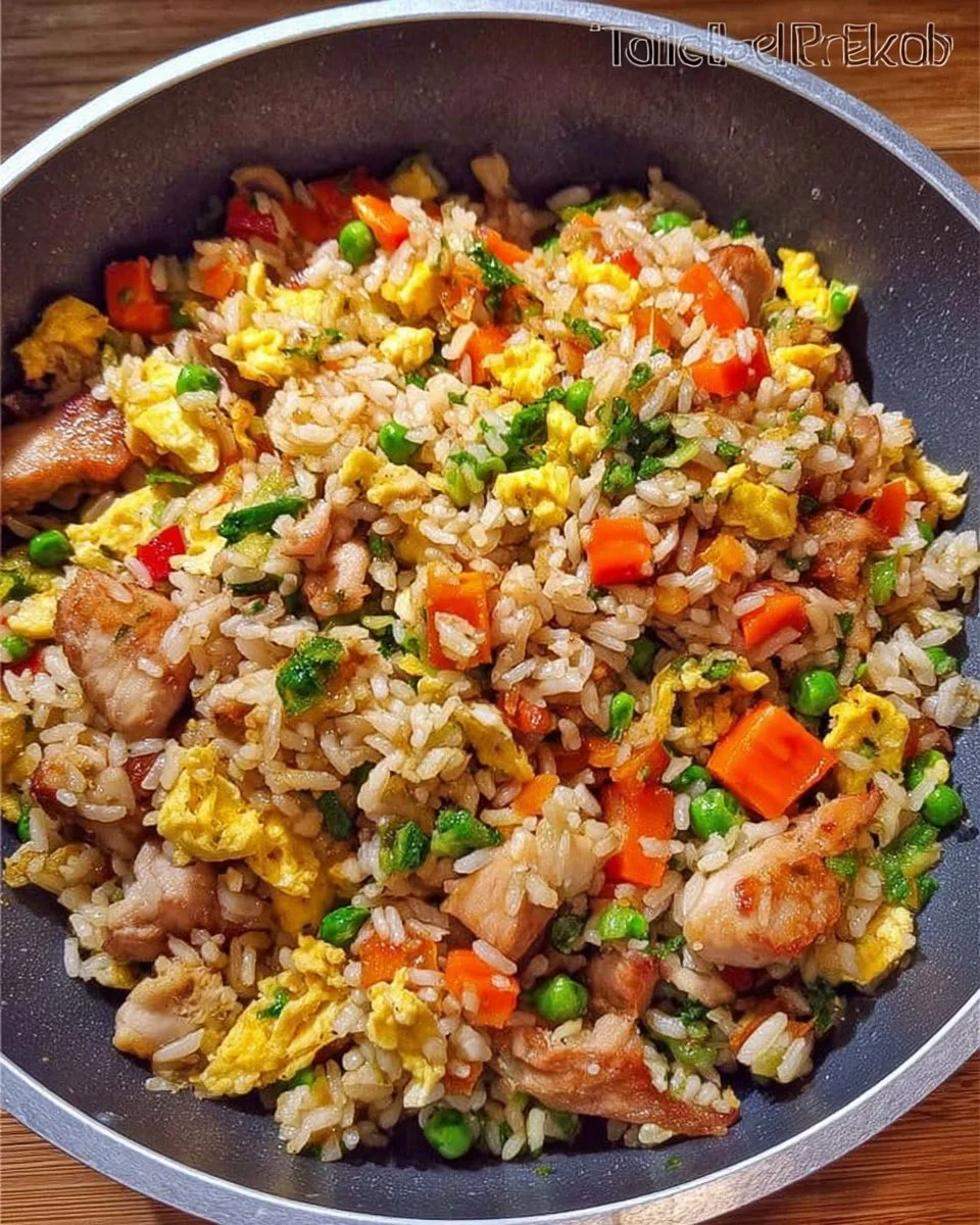 Fried Rice mit Gemüse und Hühnchen auf einem Teller serviert