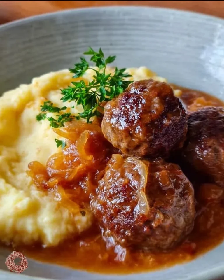 Frikadellen mit Zwiebelsauce und Kartoffelpüree auf einem Teller