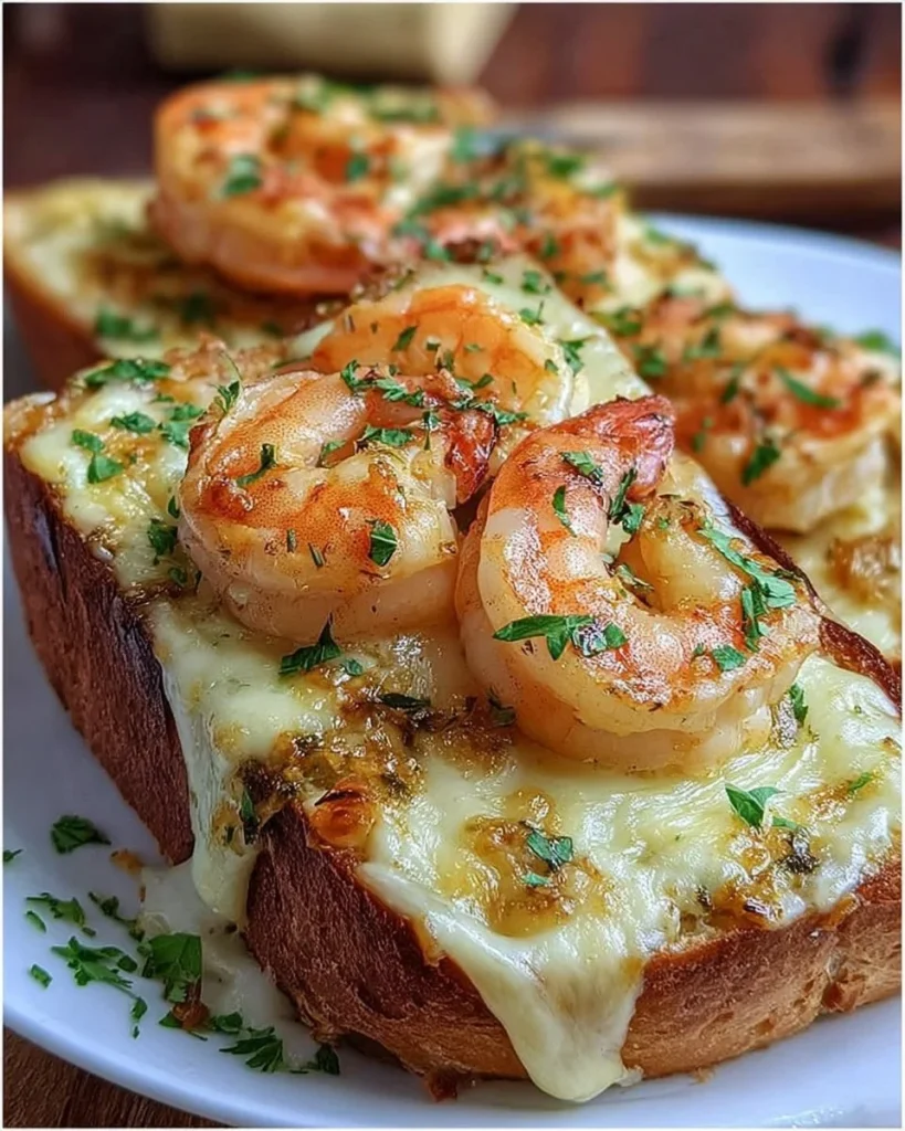 Leckeres Garnelen-Käse-Brot mit frischen Zutaten auf einem rustikalen Holzbrett serviert.