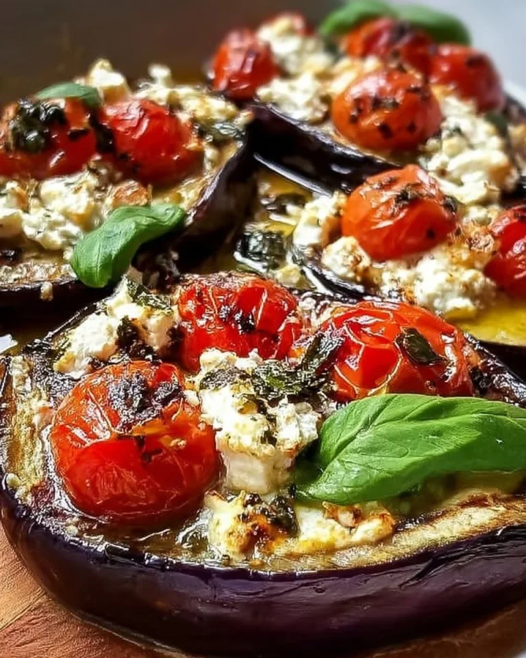 Leckere gebackene Auberginen mit Feta und Kirschtomaten auf einem Teller