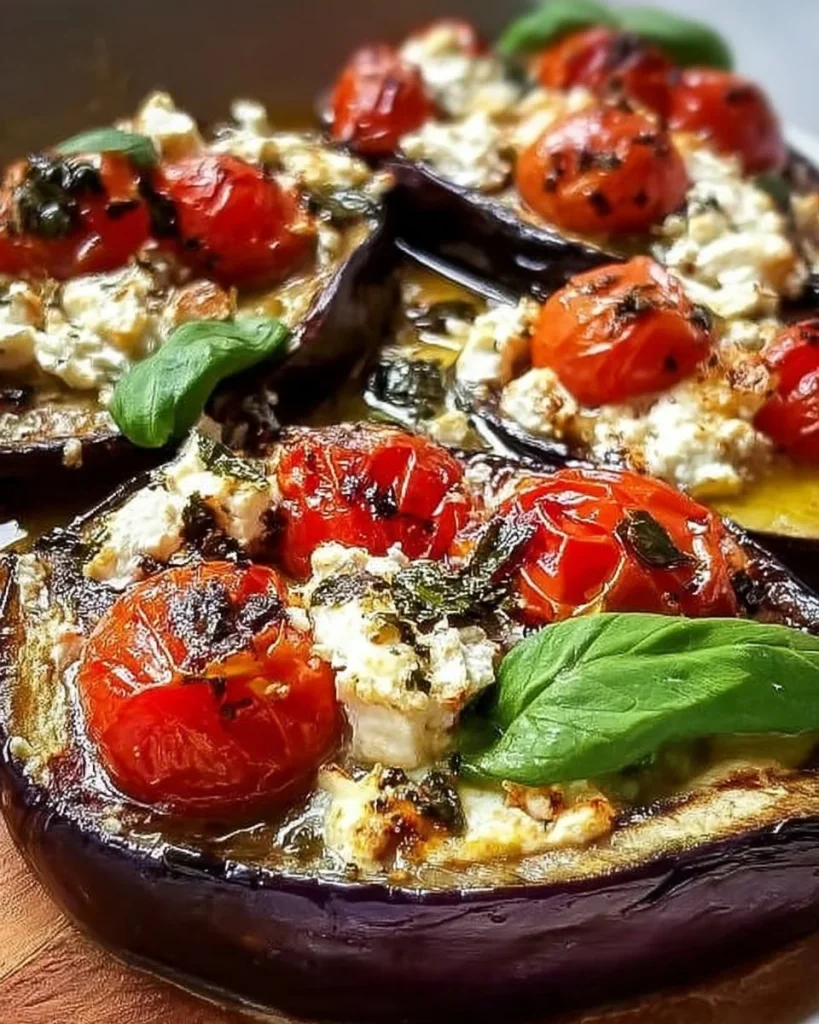 Leckere gebackene Auberginen mit Feta und Kirschtomaten auf einem Teller