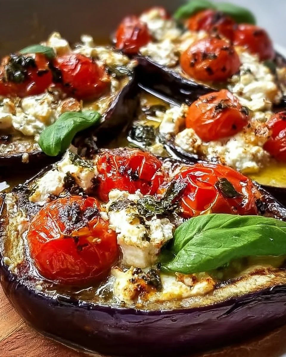 Leckere gebackene Auberginen mit Feta und Kirschtomaten auf einem Teller