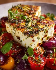 Leckere Portion gebratener Feta im griechischen Stil mit frischem Gemüse