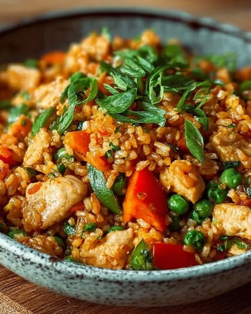 Gebratener Reis mit Gemüse und Hühnchen in einer Pfanne serviert