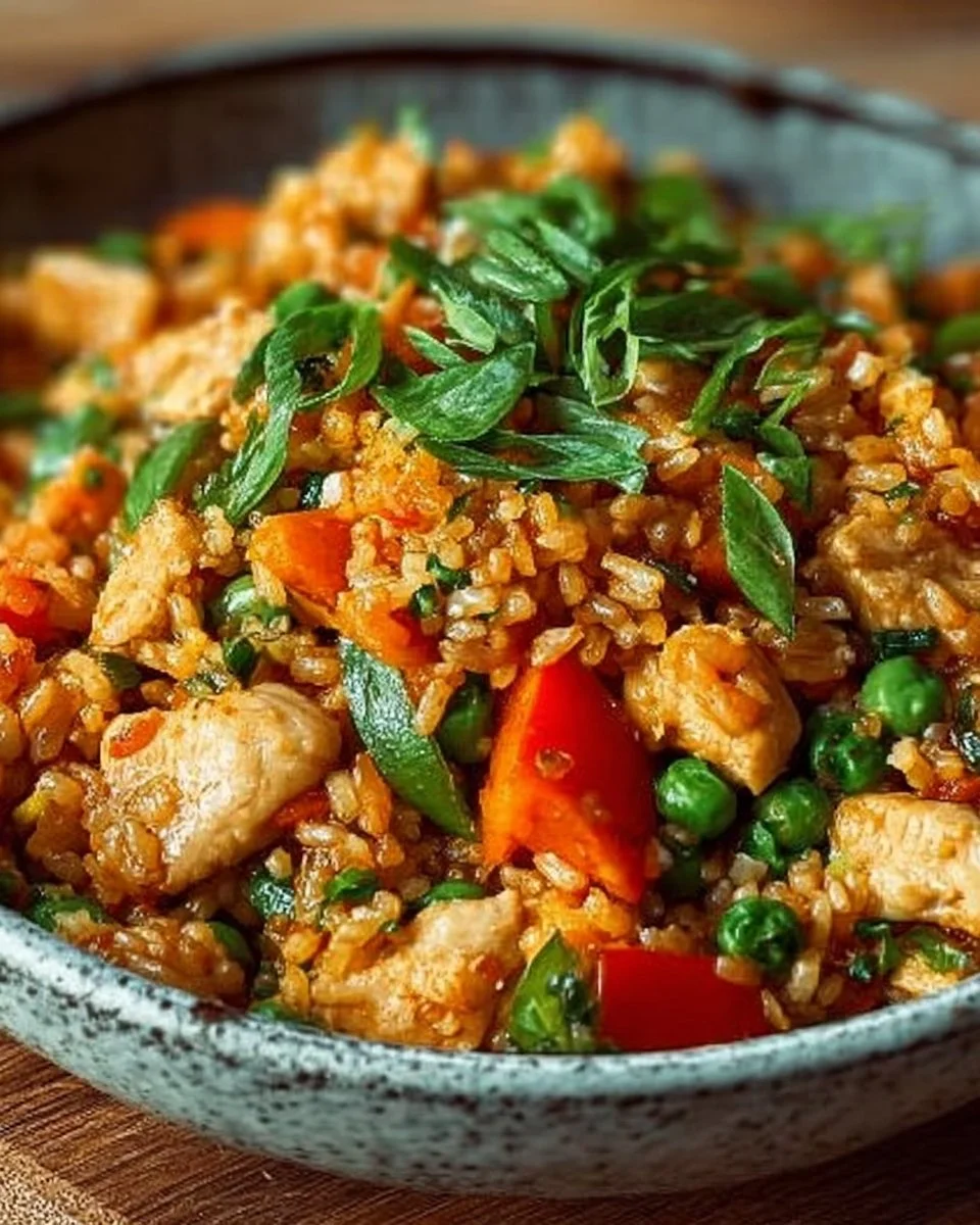 Gebratener Reis mit Gemüse und Hühnchen in einer Pfanne serviert