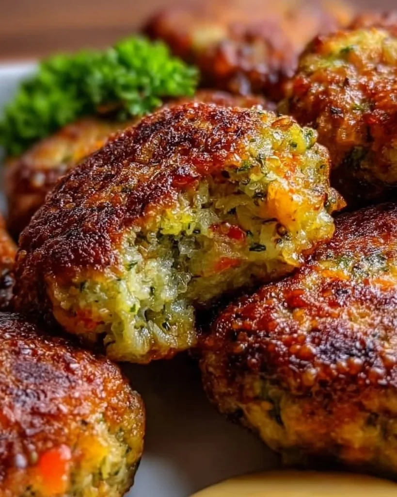 Gesunde Gemüsefrikadellen auf einem Teller, serviert mit frischen Kräutern.