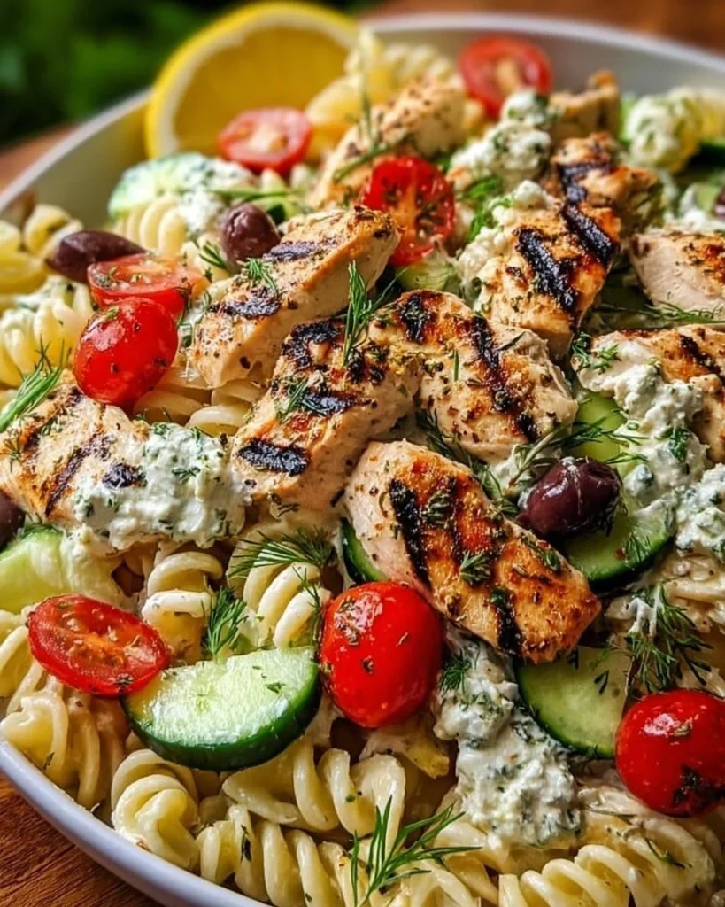 Griechischer Hähnchen-Tzatziki-Pasta-Salat mit frischen Zutaten und aromatischem Dressing