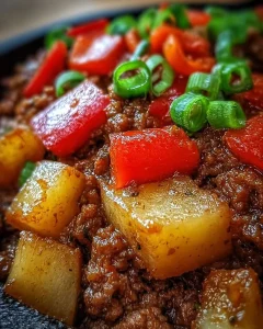 Hackbraten-Pfanne mit Paprika, einem leckeren und einfachen Gericht.