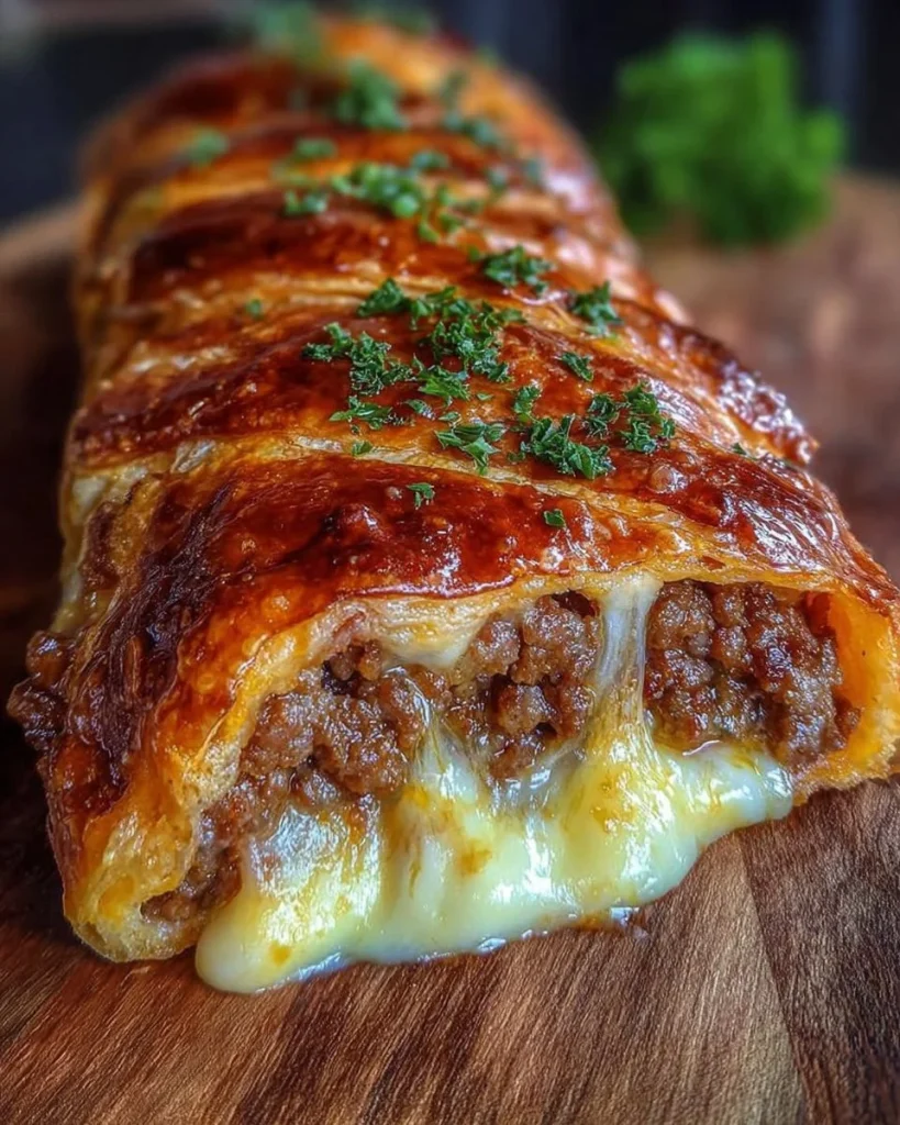 Leckere Hackfleisch-Käse-Rolle auf einem Holzbrett angerichtet.