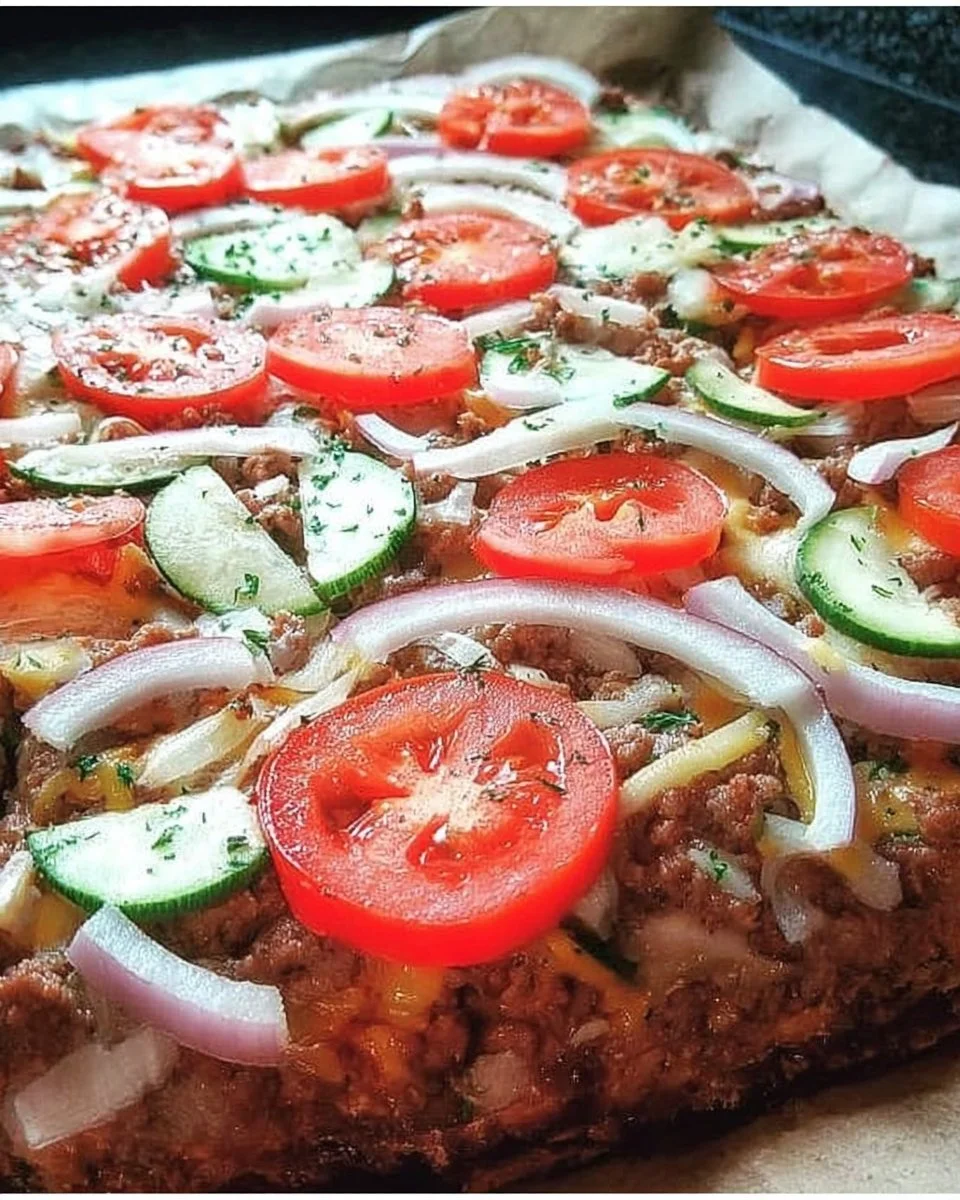 Leckere Hackfleischpizza frisch aus dem Ofen mit Käse und Gemüse