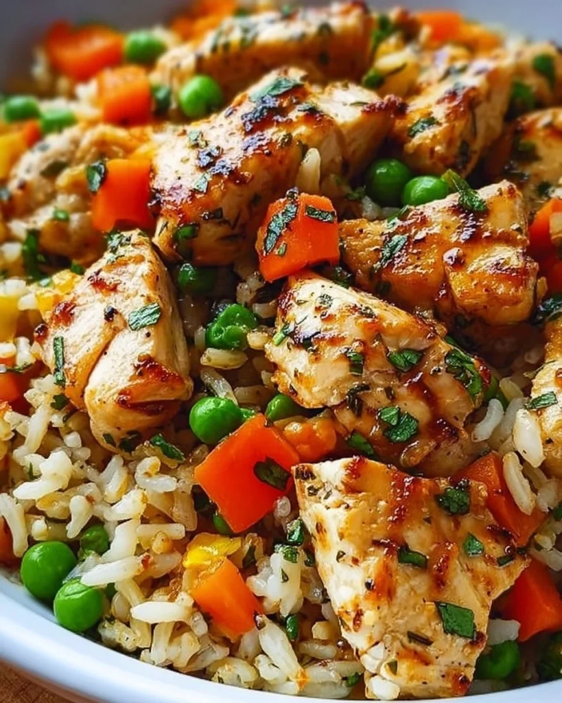 Hähnchen mit Reis und buntem Gemüse in einer Pfanne zubereitet