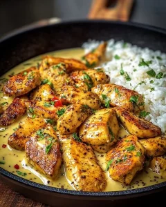 Hähnchenpfanne in Honig-Senfsoße auf einem Teller serviert