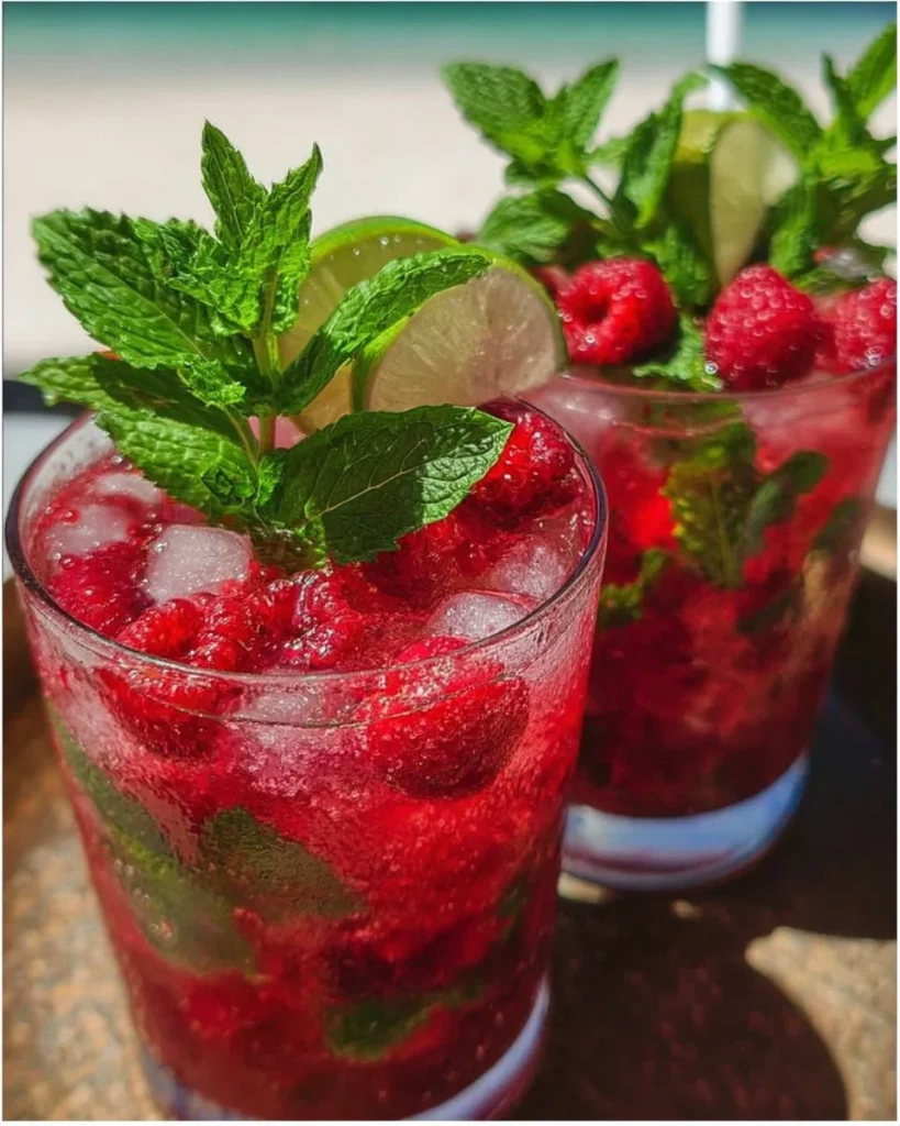 Himbeer-Minz-Sommerdrink in einem Glas mit frischen Himbeeren und Minzblättern