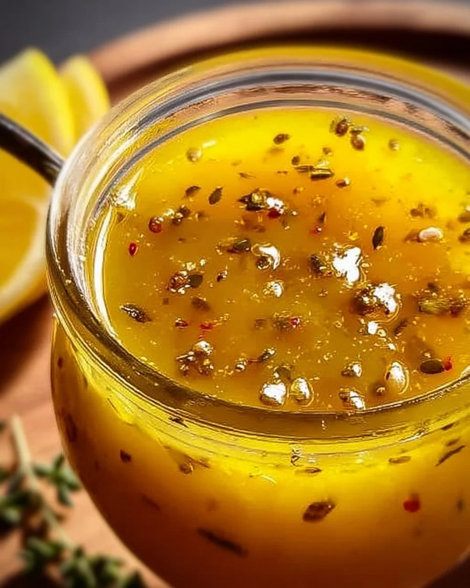 Selbstgemachte Honig-Senf-Zitronen-Vinaigrette in einem Glas