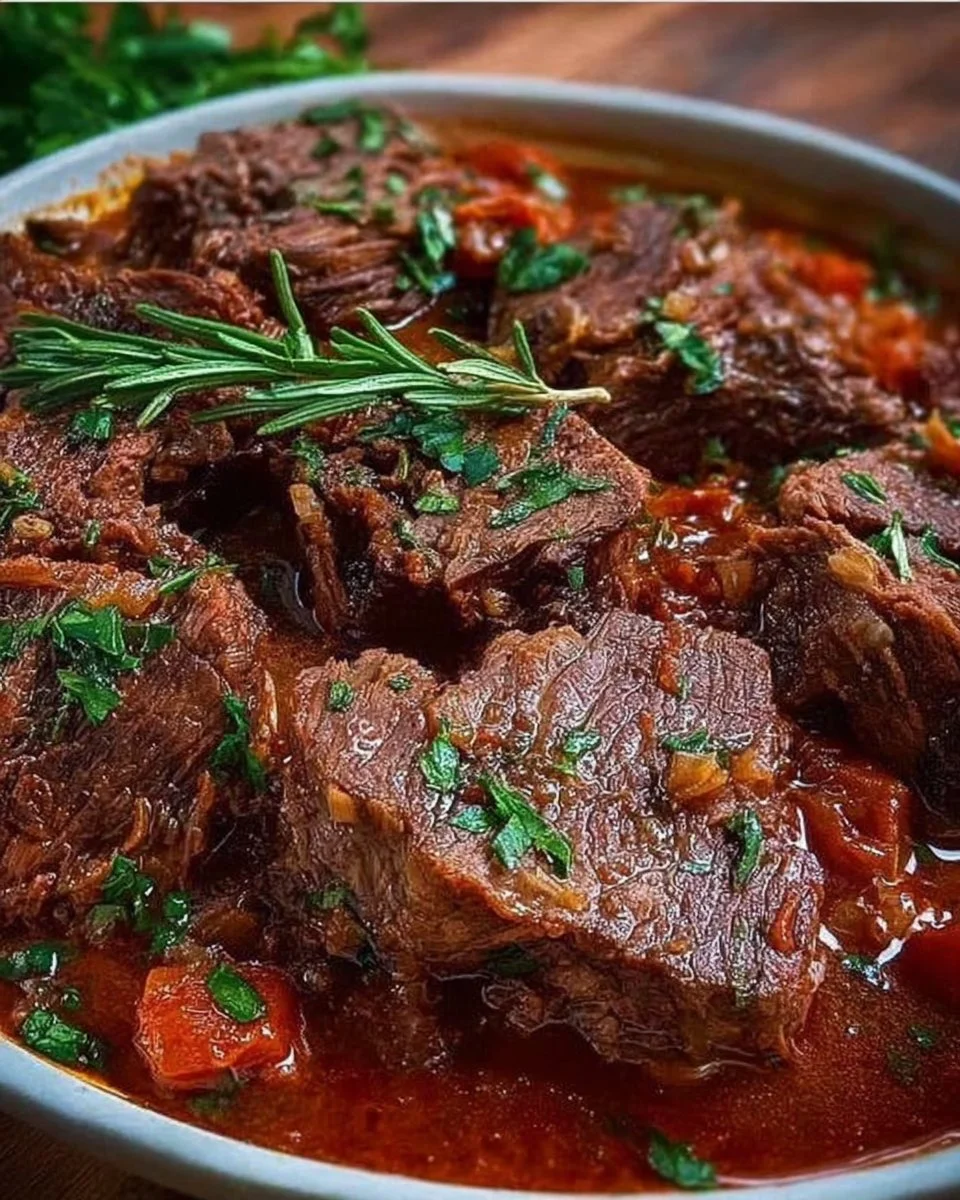 Italienischer Schmorbraten mit Knoblauch, serviert auf einem eleganten Teller