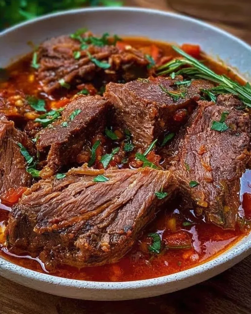 Italienischer Schmorbraten mit Knoblauch auf einem Teller serviert