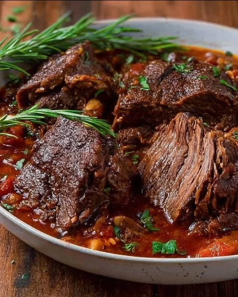 Italienischer Schmorbraten mit Knoblauch, zart und aromatisch zubereitet.