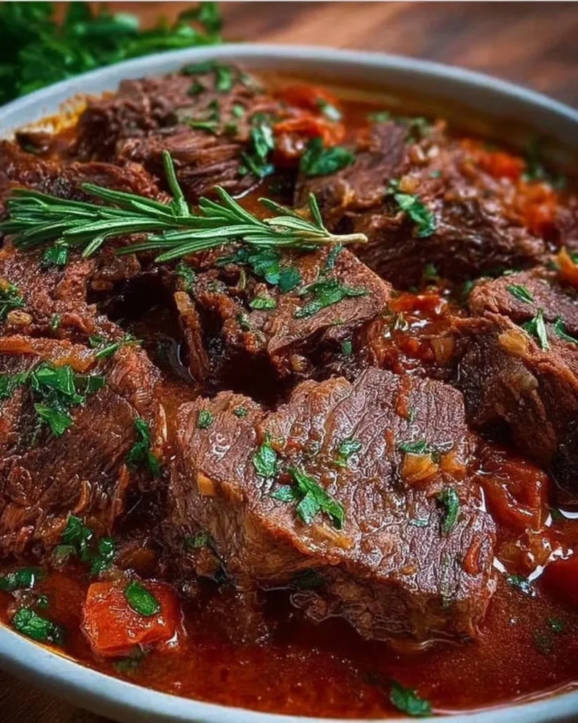 Italienischer Schmorbraten mit Knoblauch, serviert auf einem Teller.