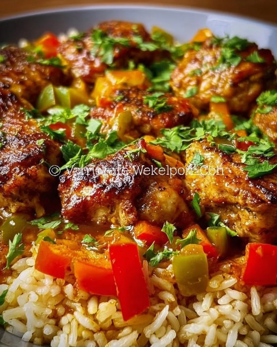 Leckeres Karibisches Hähnchen serviert mit aromatischem Reis