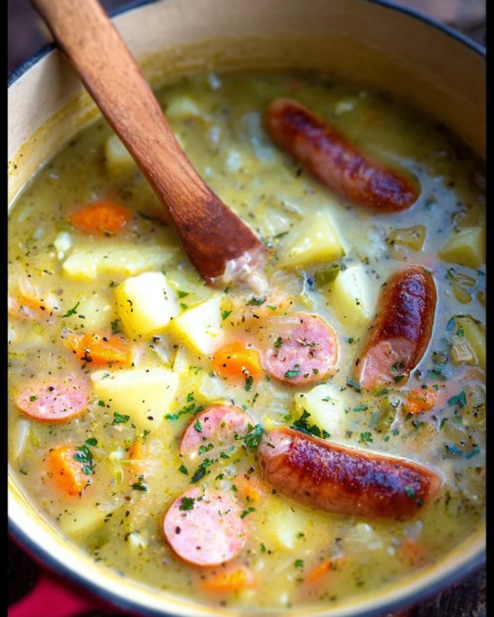 Schüssel Kartoffelsuppe mit Würstchen und frischen Kräutern