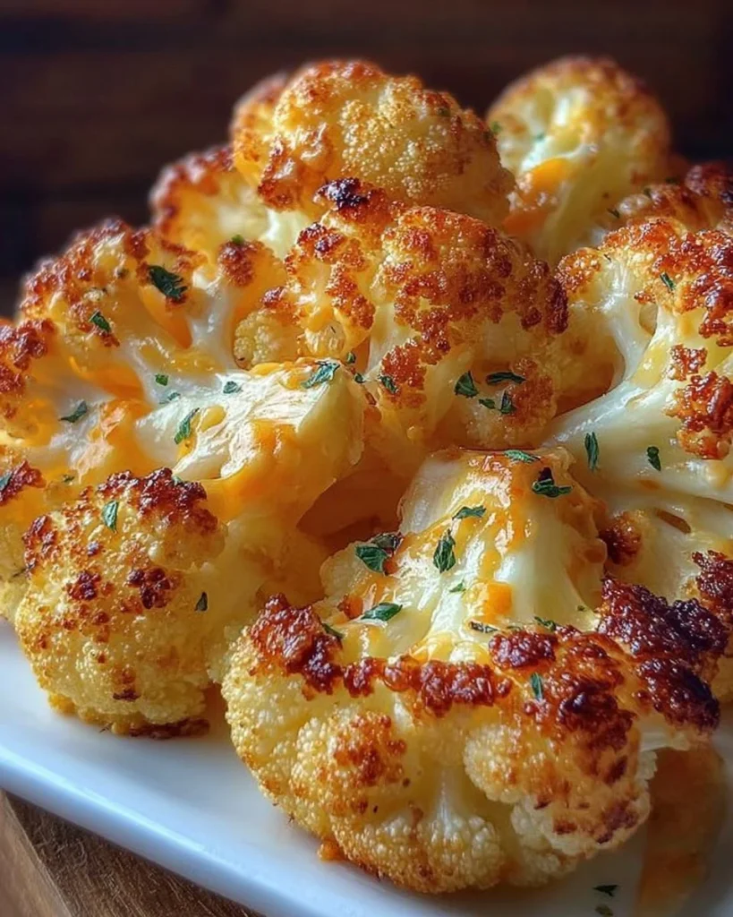 Käseblumenkohl aus dem Ofen, golden gebacken mit Käse überzogen.