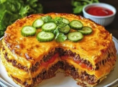 Käseburger-Torte auf einem eleganten Teller serviert.