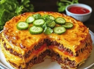Käseburger-Torte mit saftigen Käse- und Burger-Aromen auf einem eleganten Dessertteller.