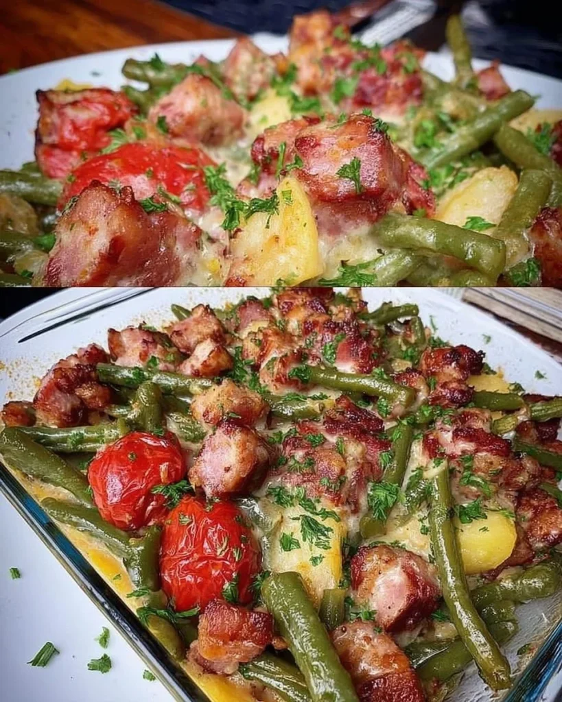 Leckere Kasseler-Pfanne mit Gemüse und Kartoffeln, serviert in einer Pfanne.