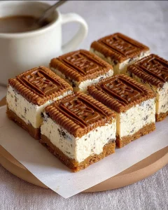 Leckere Keks-Käsekuchen-Schnitten ohne Backen serviert auf einem Tisch