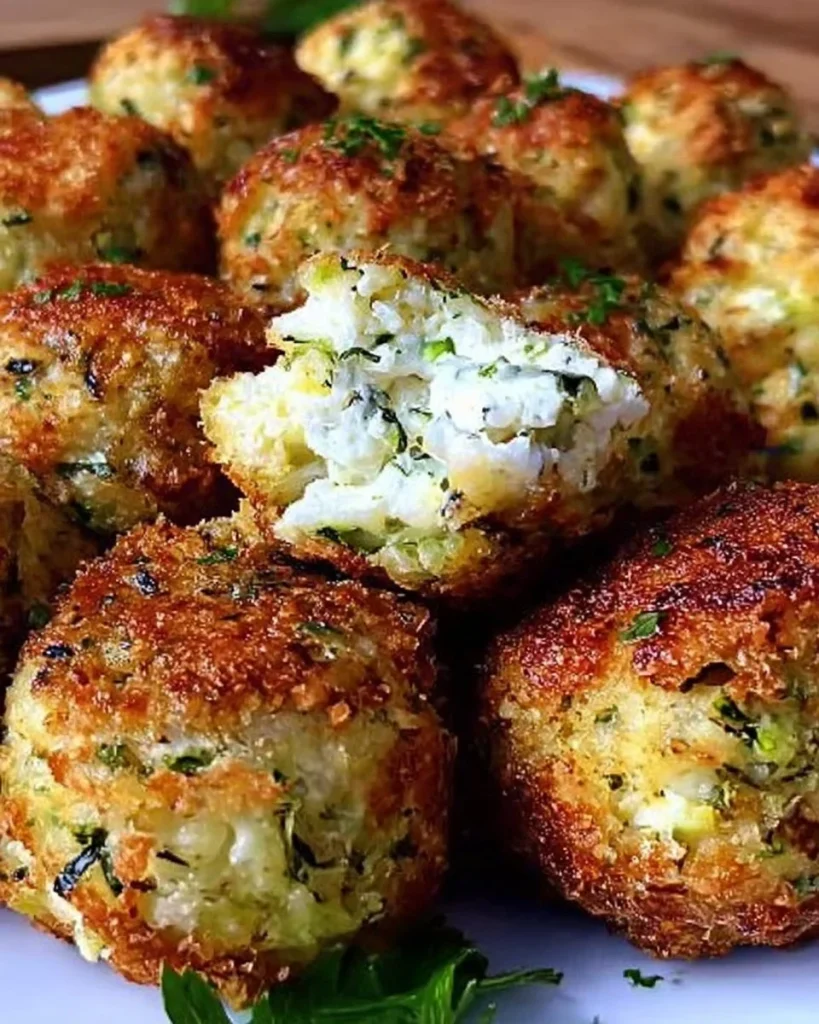 Knusprige Zucchini-Feta-Bällchen frisch aus dem Ofen auf einem Teller präsentiert.