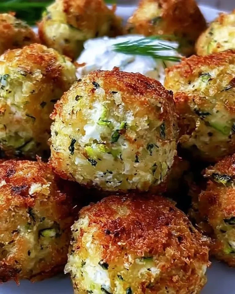 Knusprige Zucchini-Feta-Bällchen aus dem Ofen auf einem Teller serviert