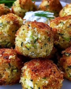 Knusprige Zucchini-Feta-Bällchen frisch aus dem Ofen, serviert mit Dip.