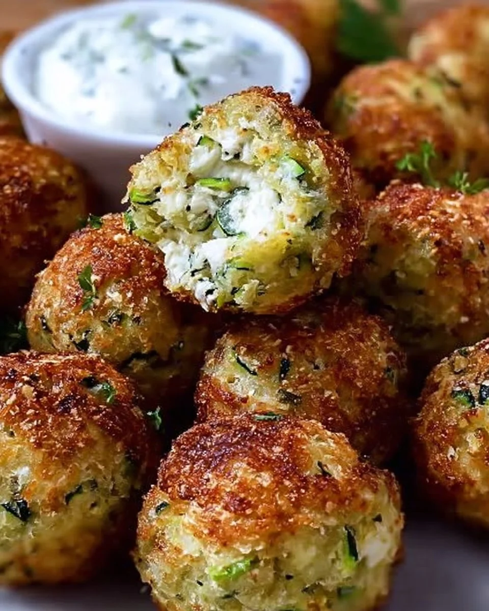 Leckere knusprige Zucchini-Feta-Bällchen frisch aus dem Ofen auf einem Teller.